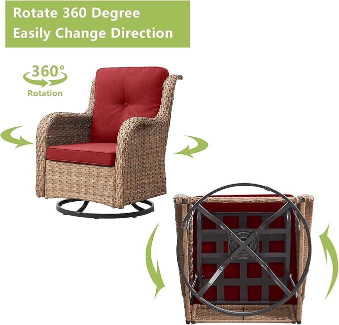 Outdoor Wicker Patio Furniture Set - 6 Piece Rattan Patio Conversation Set with 2 Rocking Swivel Chairs,2 Ottomans,1 Sofa and 1 Side Table for Porch Deck Backyard Garden(Yellow/Red)