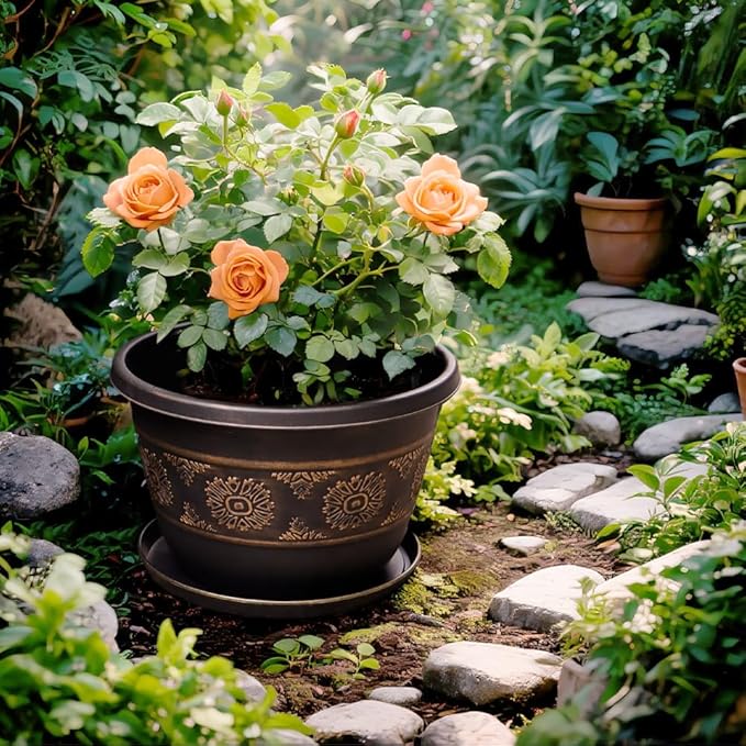 4 Pack 12 inch Plant Pots, Retro Pattern Planters with Drainage Holes and Saucer, Sturdy Plastic Garden Flower Pots for Indoor & Outdoor Plants