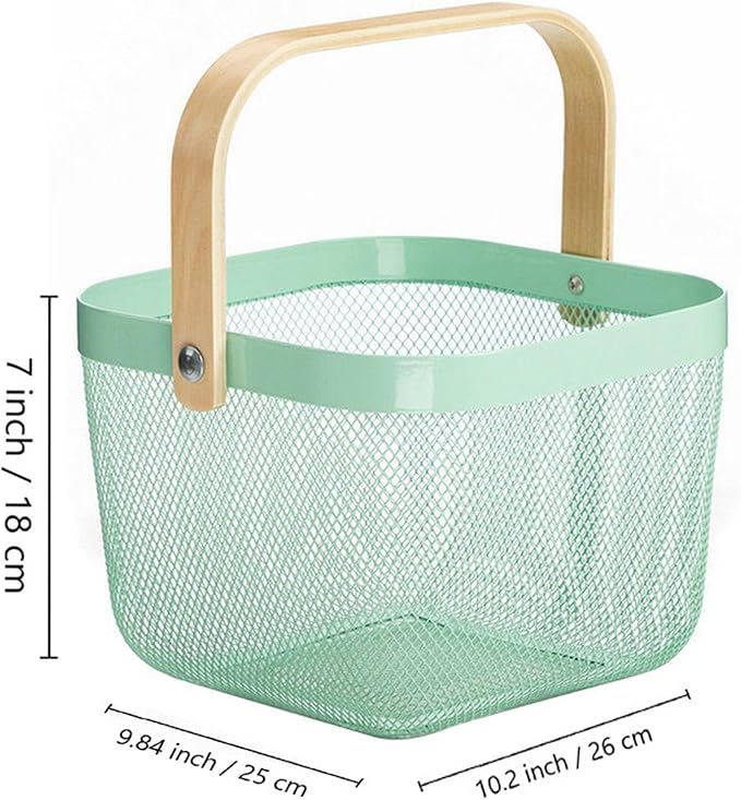 Metal Mesh Steel Basket, Storage Organizer Basket Multi-functional Hanging Kitchen Baskets Fruit Basket with Wooden Handle for Kitchen Bathroom Picnic Shopping Decor Cabinet Home, Macaron Blue