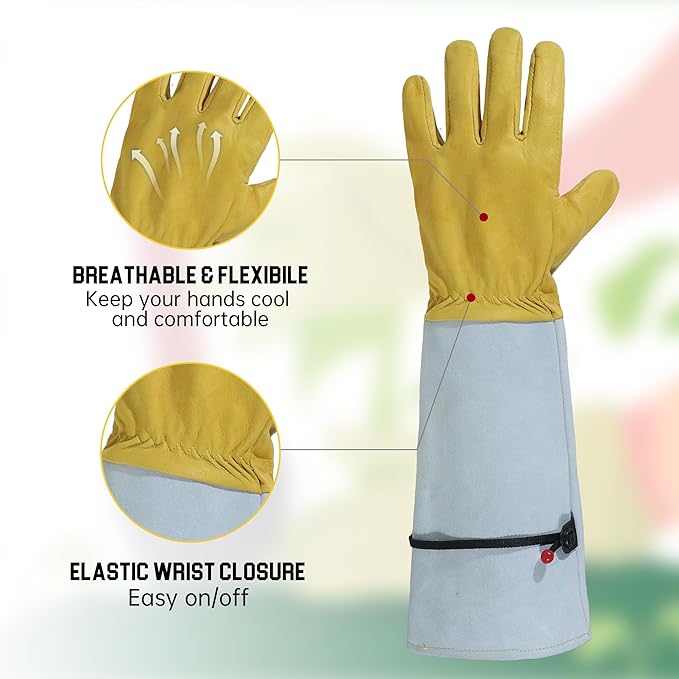 HANDLANDY Rose Gloves for Men & Women, Long Leather Gardening Gloves Thorn Proof, Best Garden Gifts & Tools for Gardener (Yellow-beige, Medium (Pack of 1))