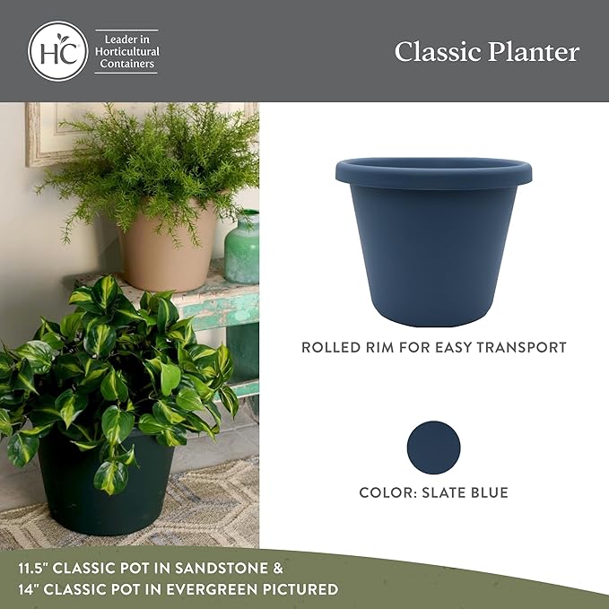The HC Companies 17 inch Round Classic Planter - Plastic Plant Pot for Indoor Outdoor Plants Flowers Herbs, Slate Blue (2 Pack)