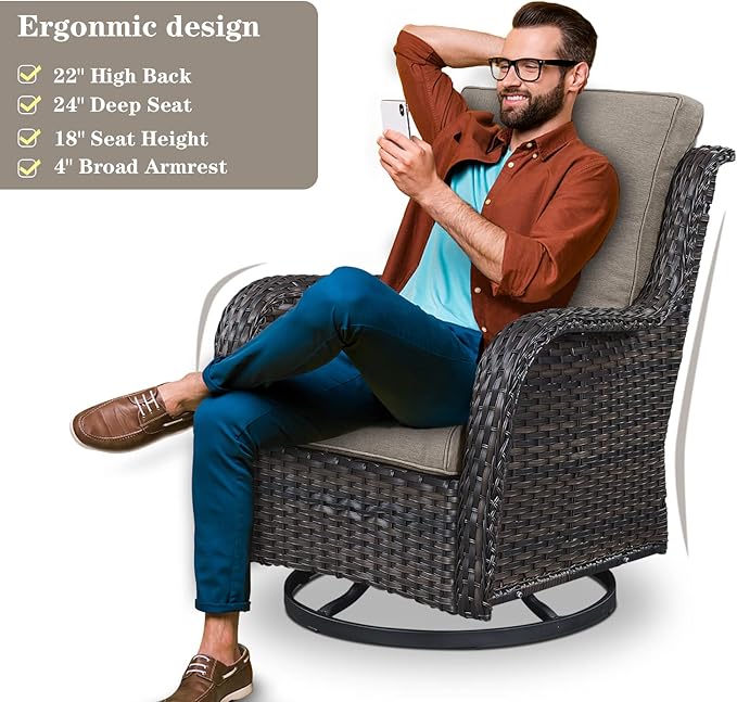 4 Pieces Patio Furniture Sets, Wicker Patio Swivel Glider Chair with Ottomans, Outdoor Furniture Set for Outside Porch, Deck, Balcony, Garden