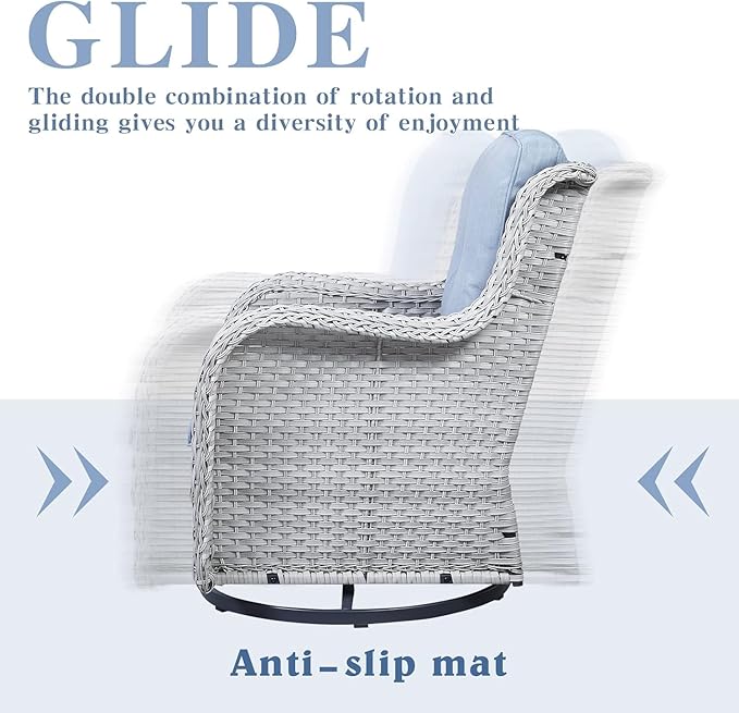 Wicker Patio Furniture Sets - 8 Piece Outdoor Rattan Furniture Conversation Sets with 4 Swivel Rocker Chairs, Rattan Sofa, Wicker Ottomans and Coffee Table, Light Grey/Baby Blue