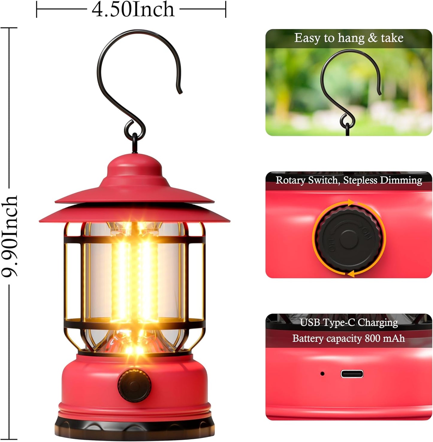 Retor LED Pink Camping Lanterns 1 Pack 1500 LM Step-Less Dimming Lightweight Battery Powered USB Rechargeable Flashlights Survival Kits Home Garden Yard Emergency Outages Hiking Lantern Light