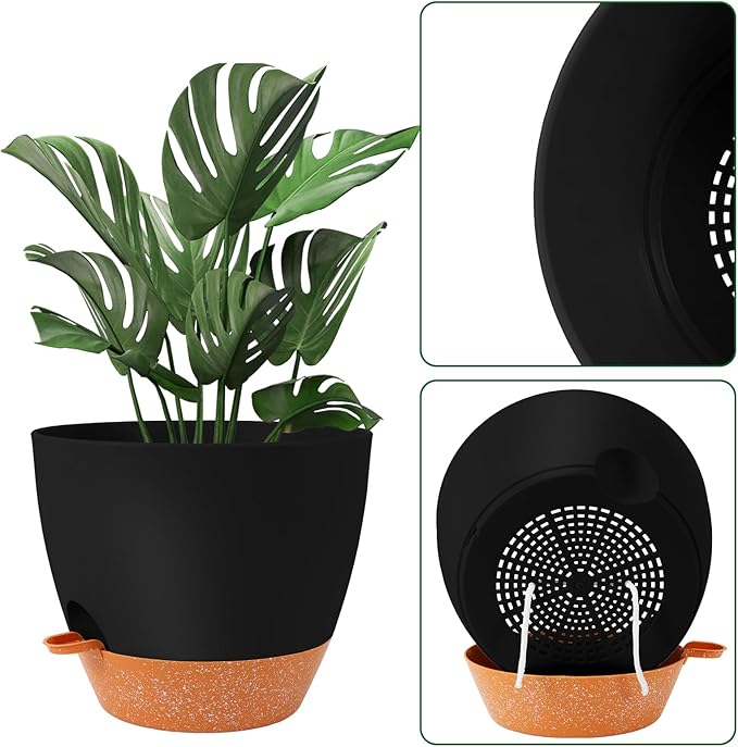GARDIFE 12 inch planters, Plant Pots,Self Watering Pots, 2 Pack Large Plastic Flower pots with Deep Reservior and High Drainage Holes for Indoor Outdoor Plants and Flowers, Black
