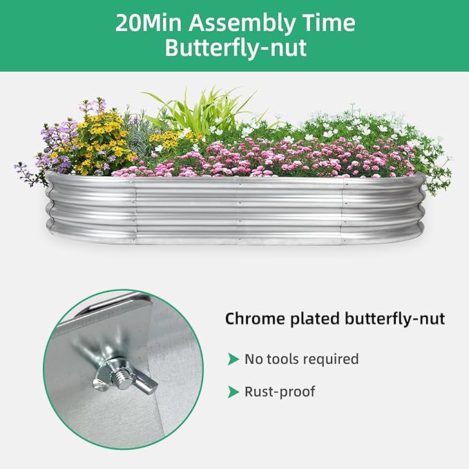 Raised Garden Bed, Raised Garden Beds Outdoor, 8x4x1 FT Oval Larger Space Galvanized Raised Garden Bed for Herbs, Vegetables, Fruits