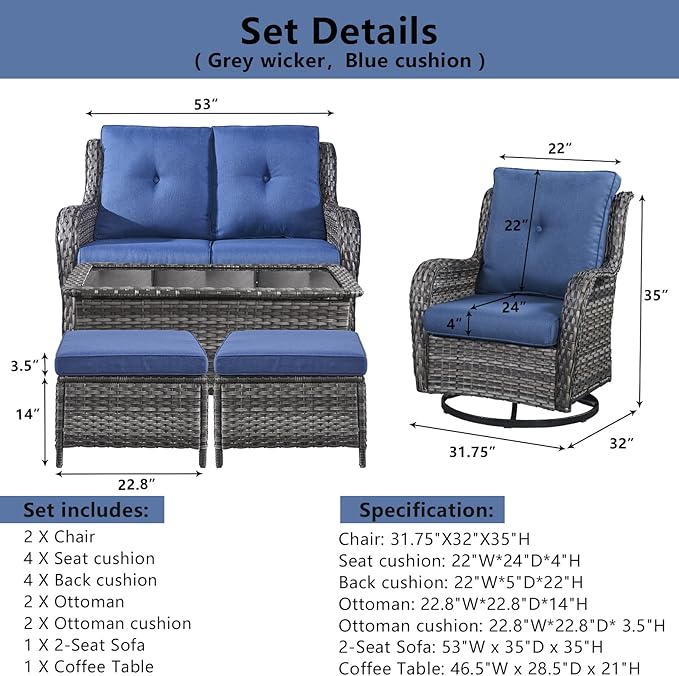 Wicker Outdoor Furniture Patio Furniture Set - 6 Piece Patio Conversation Set with Swivel Rocker Chairs, Loveseat Sofa, Ottomans and Coffee Table, Blue Cushion