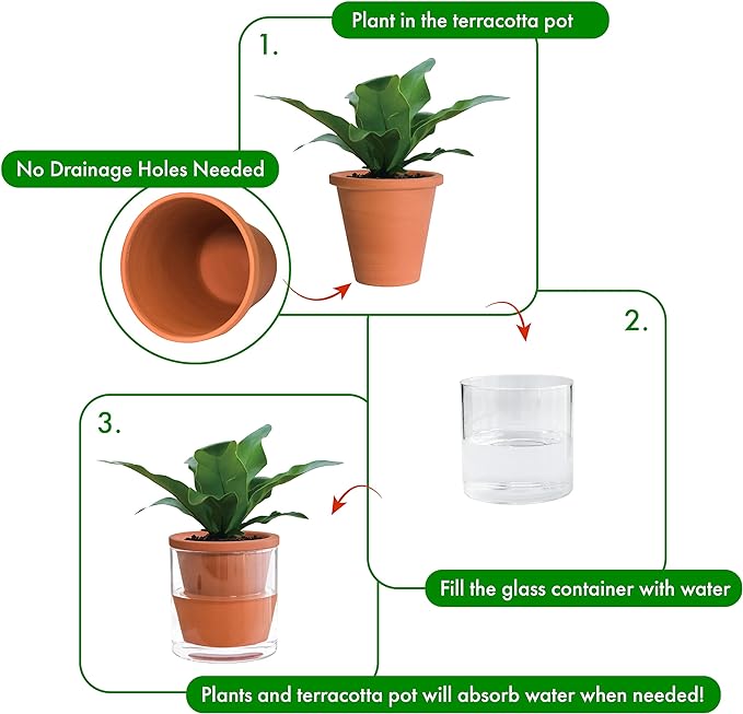D'vine Dev 4 Inch Design Self Watering Pot for Indoor Plants, Terracotta Planter with Cylinder Glass Cup, Set of 3, 37-X-A-3