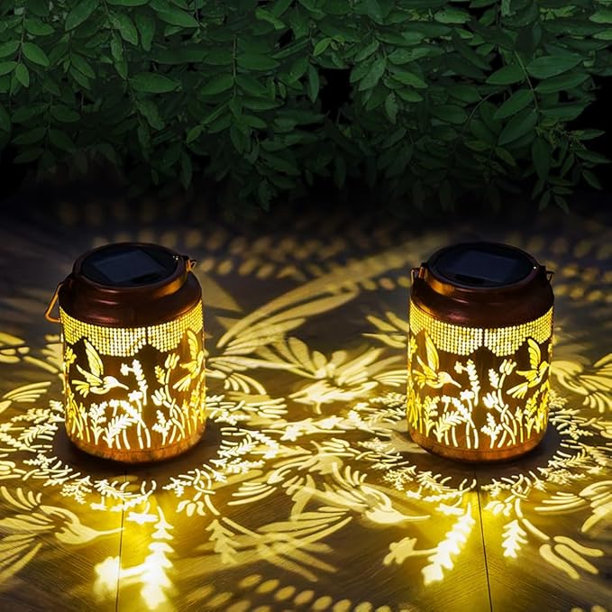 2 Pack Hummingbird Solar Lanterns Outdoor Waterproof LED 6.9" Metal Hanging Solar Lights Outdoor Hummingbird Decorative Lanterns for Patio,Garden,Pathway,Lawn Yard Birthday Gifts for Women Mom