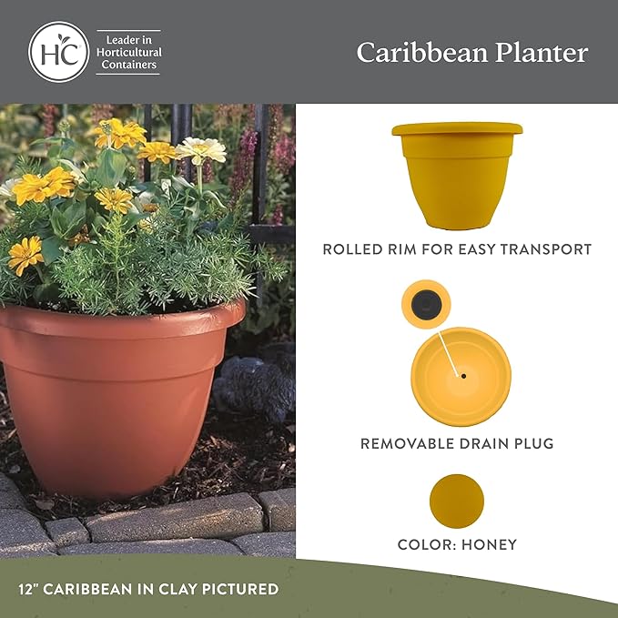 The HC Companies 20 Inch Caribbean Planter - Lightweight Indoor Outdoor Plastic Plant Pot for Herbs and Flowers, Honey (Pack of 2)