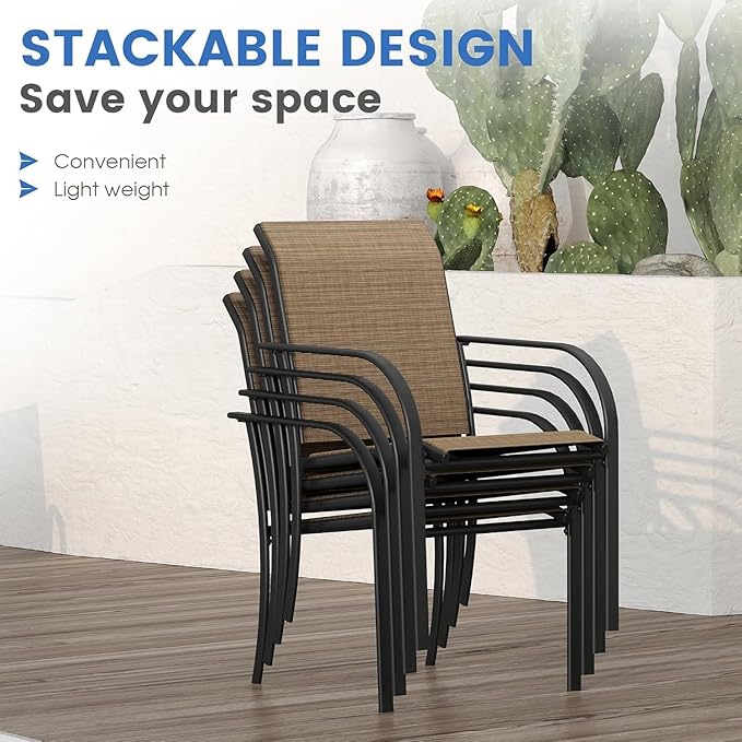 VICLLAX Patio Dining Set for 8, Outdoor Furniture Set Includes 53" Round Patio Table and 8 Patio Sling Chairs, Black Tabletop and Brown Fabric