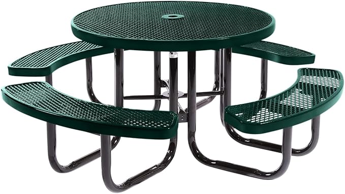 Coated Outdoor Furniture Heavy-Duty Portable Outdoor Picnic Table with Umbrella Hole, Expanded Metal Commercial-Grade Patio Dining Furniture Made in America (46" Round Top, Dark Green)