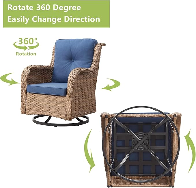 Outdoor Wicker Patio Furniture Set - 5 Pieces Rattan Patio Conversation Set with 2 Rocking Swivel Chairs,2 Ottomans and 1 Side Table for Porch Deck Backyard Garden(Yellow/Blue)