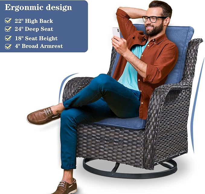 Outdoor Wicker Furniture Patio Set - 7 Piece Backyard Furniture Brown Rattan Conversation Sets with Swivel Rocker Chairs, Rattan Sofa, Club Chairs and Coffee Table, Blue Cushion
