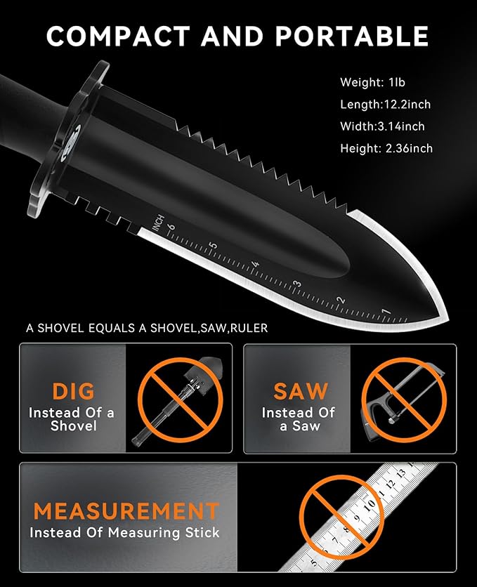 SUNPOW Metal Detector Shovel - Heavy Duty Double Serrated Edge Digger Trowel - Garden Digging Tools with Carrying Sheath - Metal Detector Accessories