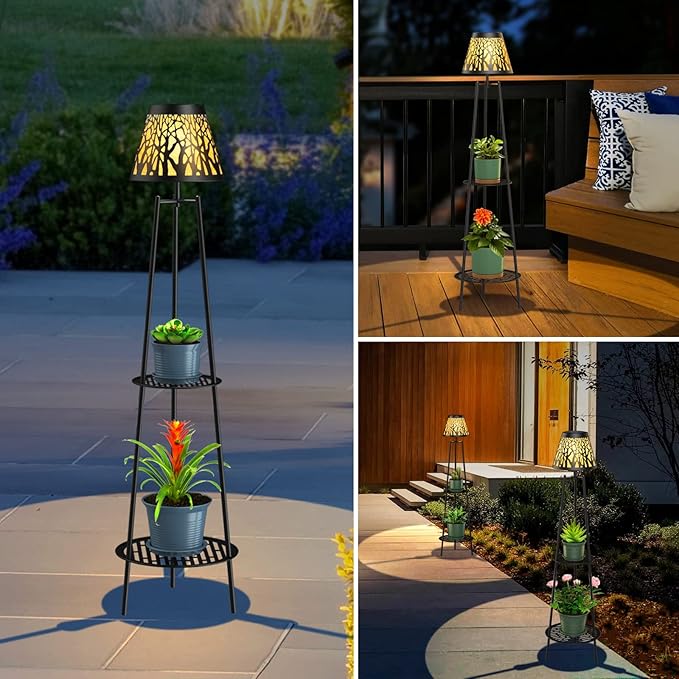 2 Pack Metal Solar Floor Lights Outdoor with Plant Stands, 45.5'' Solar Powered Street Lights, for Garden Yard Pathway Driveway Porch
