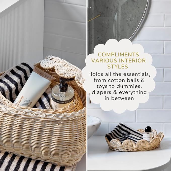 BEBE BASK The Original Scalloped Basket Set Of 2 – Small Scallop Basket - 15 x 10 x 6 In - Hand-Woven & Award-Winning - Elegant Wicker With Scalloped Edge Lid - Nursery Storage - (Natural)