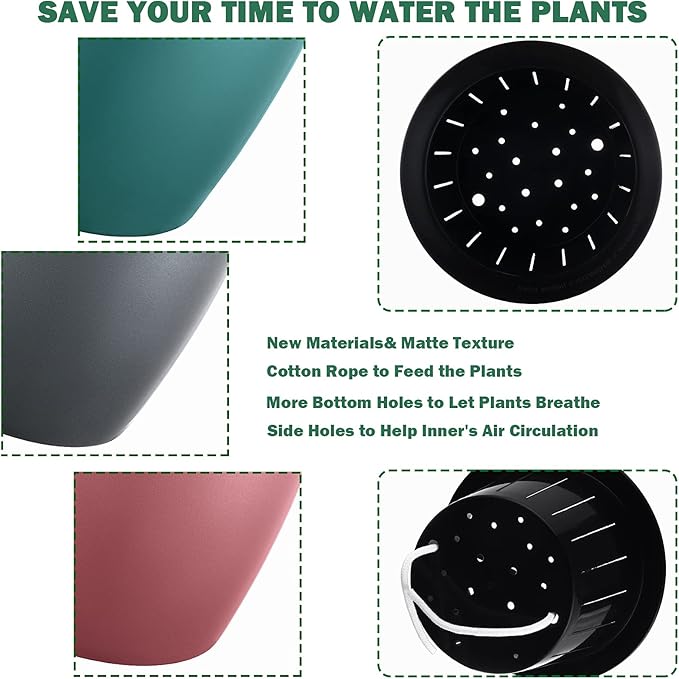 Planterhoma 6.7 Inch Self Watering Pots for Indoor Plants, 6 Packs African Violet Pots with Black Wick Pots, Self Watering Planters for Devil's Ivy, Indoor Plant Pots, Silver/Blue/Rose Gold