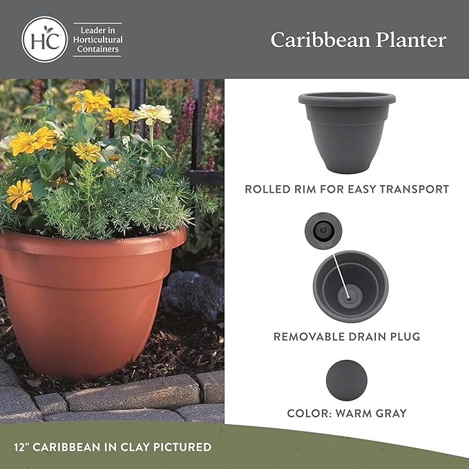 The HC Companies 20 Inch Caribbean Planter - Lightweight Indoor Outdoor Plastic Plant Pot for Herbs and Flowers, Warm Gray
