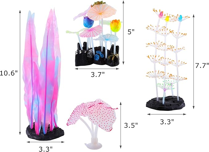 Lpraer 4 Pack Glow Aquarium Decorations Coral Anemone Lotus Leaf Seaweed Simulation Glow Plant Glowing Effect Silicone for Fish Tank Decorations