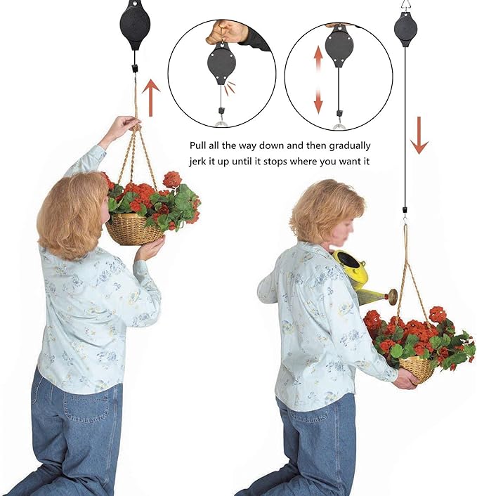 4 Pack Plant Hook Pulley, Retractable Plant Hanger Easy Reach Hanging Flower Basket for Garden Baskets Pots and Birds Feeder Hang High up and Pull Down to Water Or Feed
