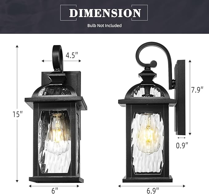 zeyu 2 Pack Outdoor Wall Lamps, 15-inch Black Exterior Light Fixtures for Patio House, Die-Cast Aluminum with Water Ripple Glass, Black Finish, ZD100B-2PK BK-WP