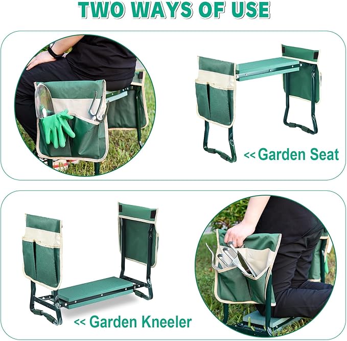 MENOLY Garden Kneeler and Seat, Folding Gardening Stool with Kneeling Pad, Gardening Bench with 6 Garden Tools, Tool Pouches, Glove, Detachable Belt, Gardening Gift for Women Men Mom Parents Elders