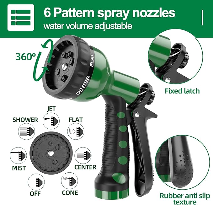 3/8" Lightweight Coil Garden Hose 50 FT, EVA Flexible Curly Water Pipes with 6-Pattern Spray Nozzle for Boat, Greenhouse, Yard, Patio, Green