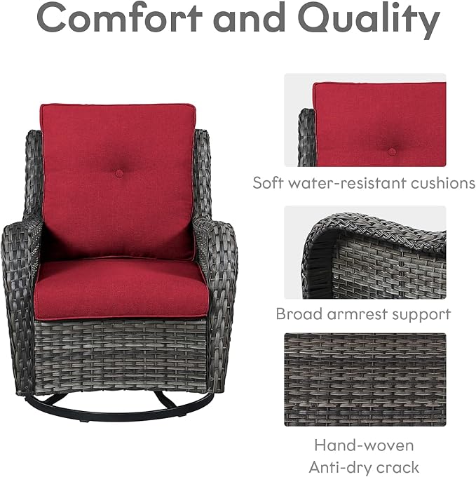 5 Piece Outdoor Patio Furniture Set - Wicker Furniture Patio Conversation Set, Outdoor Swivel Rocker Chairs with Loveseat Sofa and 2 Ottomans for Small Space, Red Cushion