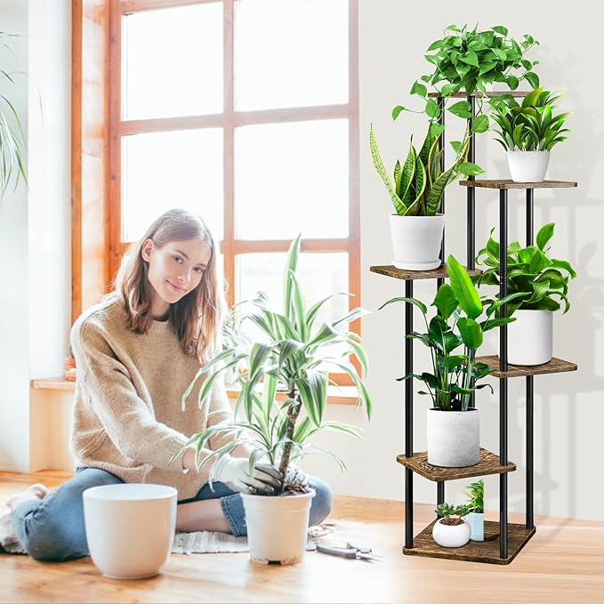 6 Tier Wood Tall Plant Stand Metal Rack Indoor, Multiple Flower Pot Holder Shelves Corner Rack, Planter Shelf Display Rack Storage Organizer for Patio Living Room Balcony Garden(Black)