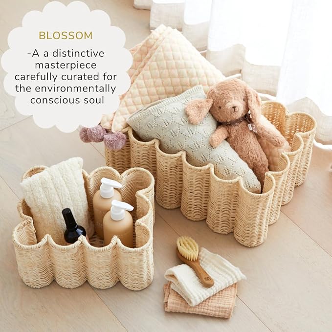 BEBE BASK Unique Wavy Scalloped Basket Set Of 2 - Scallop Basket - 16 x 10 x 7 In - Hand-Woven Elegant Wicker With Scalloped Edge Lid - Nursery Storage - (Earthy)