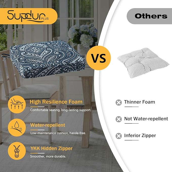 Outdoor Square Corner Seat Cushion, 19"x19"x3", Set of 4, Non Slip Seat Cushion Pads with Removable Cover for Patio Furniture, Garden Yard Lawn, Damask Vine