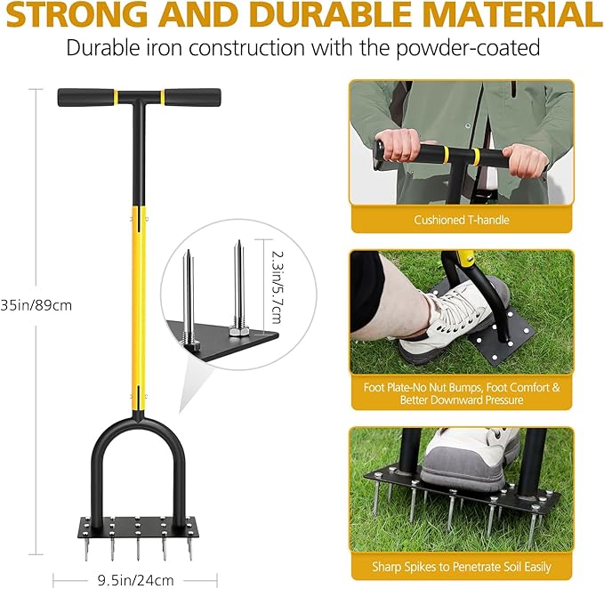 Lawn Aerator Spike Metal Manual Dethatching Soil Aerating Lawn with 15 Iron Spikes, Pre-Assembled Grass Aerator Tools for Yard, Lawn Aeration, Garden Tool, Revives Lawn Health(Black + Yellow01)