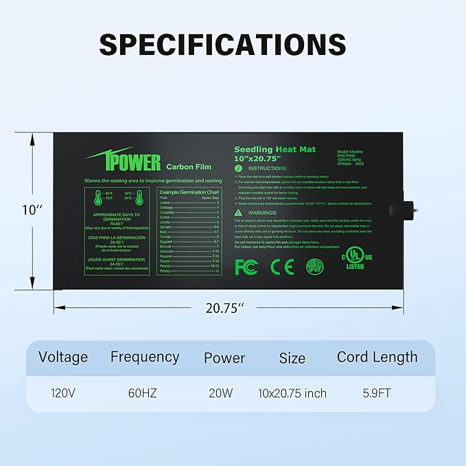 iPower 10" x 20.75" Seeding Heat Mat Upgraded Carbon Film Indoor Warm Hydroponic Plant Germination Starting Pad Durable Waterproof, Black