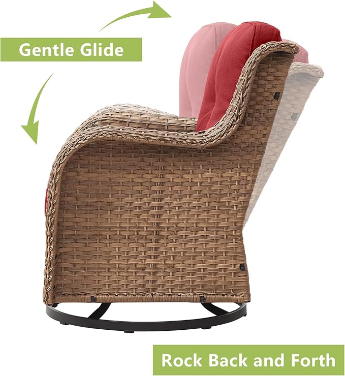 Outdoor Wicker Patio Furniture Set - 5 Pieces Rattan Patio Conversation Set with 2 Rocking Swivel Chairs,2 Ottomans and 1 Side Table for Porch Deck Backyard Garden(Yellow/Red)