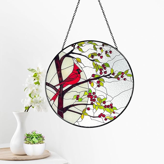 Stained Glass Window Hanging Sun Catcher 7.8”- Cardinal in Full Moon Stained Glass Suncatcher, Red Berry Tree, Nature, Indoor Decor, Wall Art, Gifts for Women