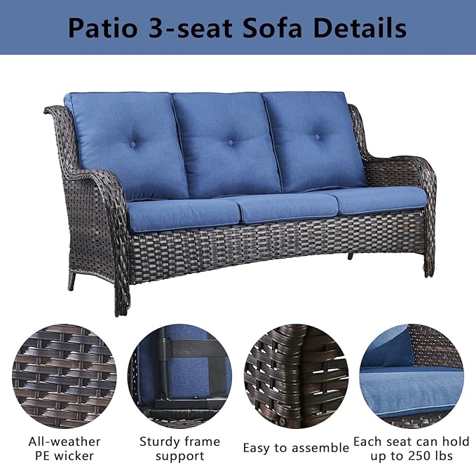 Wicker Patio Furniture Sets - 8 Piece Outdoor Rattan Furniture Conversation Sets with 4 Swivel Rocker Chairs, Rattan Sofa, Wicker Ottomans and Coffee Table, Brown/Blue
