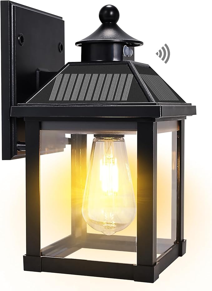 Solar Wall Lights Outdoor, Dusk to Dawn Motion Sensor Lights Waterproof, Solar Porch Lights with 3 Modes & Motion Sensor, Lantern Light Fixture for Patio Garage Entryway Garden