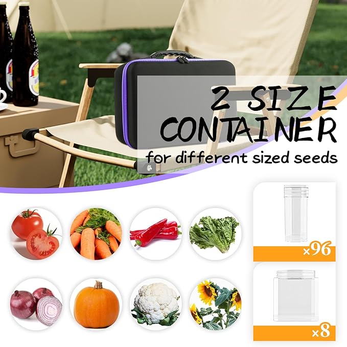 104 Slots Seed Storage Organizer with 20 Seed Envelopes, Portable Seed Organizer Box with Zipper Bag Label Stickers, Seed Storage Container 1 oz 5 oz for Flower Plants Garden (104 Jars)