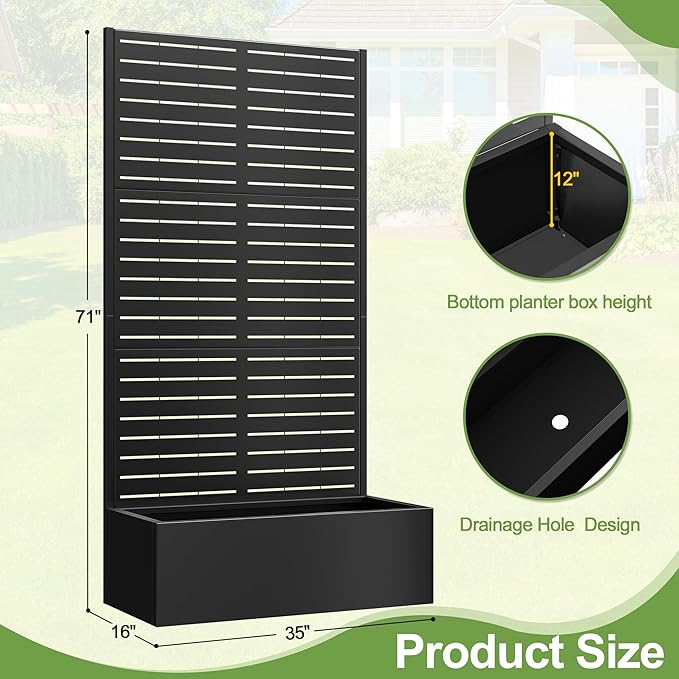 Trellis for Climbing Plants Outdoor,Mental Garden Bed with Drainage Holes Outdoor Privacy Screen Design Tall planters for herb Flower Vegetables 73"x35"x16", Black-Louvered