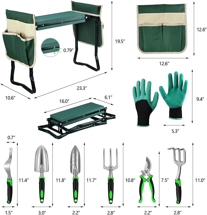MENOLY Garden Kneeler and Seat, Folding Gardening Stool with Kneeling Pad, Gardening Bench with 6 Garden Tools, Tool Pouches, Glove, Detachable Belt, Gardening Gift for Women Men Mom Parents Elders