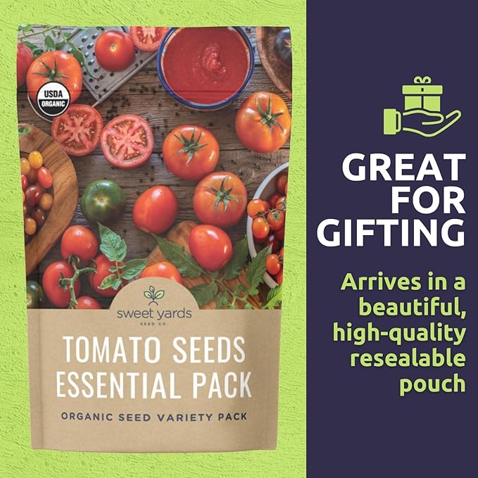 Organic Tomato Seeds Variety Pack - 5 Individual Packs - 2025 Season - Roma, Beefsteak, Cherry, Black Krim & Pineapple. for Indoor & Outdoor Planting (Non-GMO, Certified Organic)