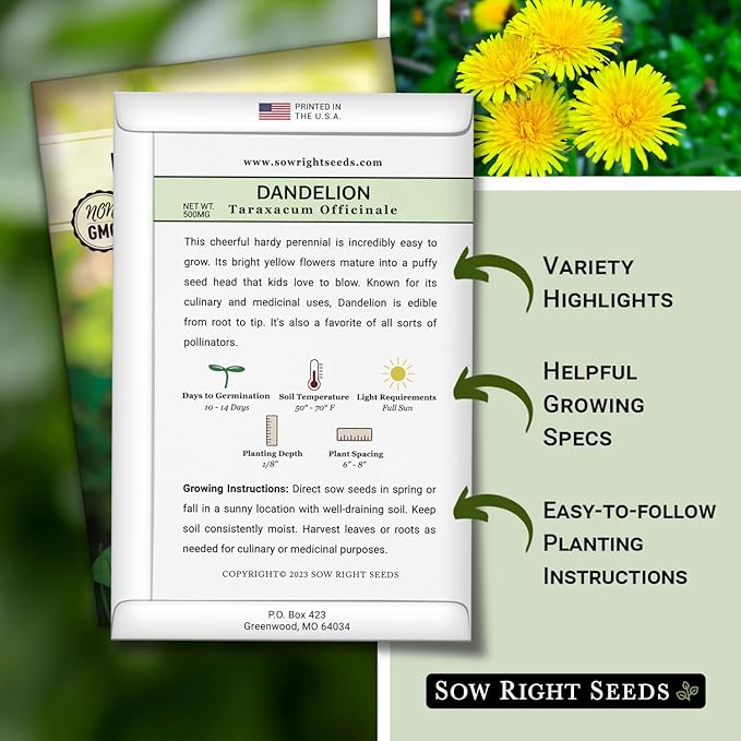Sow Right Seeds - Common Dandelion Seeds for Planting - Non-GMO Heirloom Packet with Instructions to Grow an Outdoor or Indoor Herb Garden - Herbal Teas & Medicinal Uses - Great for Wildlife (1)