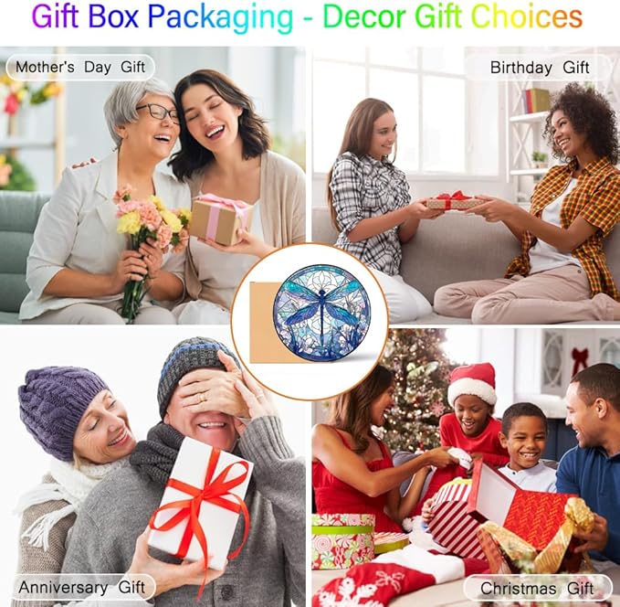 Dragonfly Decor Suncatcher Stained Glass Window Hanging - Handmade Artistic Suncatchers for Windows Hanging - Wall Home Decor Suncatcher with Metal Chain and Hook Gift for Women Mom Home Porch Garden