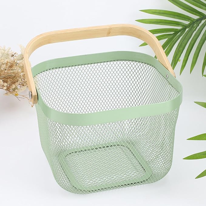 Metal Mesh Steel Basket, Storage Organizer Basket Multi-functional Hanging Kitchen Basket Fruit Basket Bin with Bamboo Handle, 9.84 x 10.2 x 7 inch, Mint Green