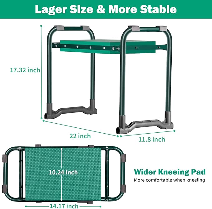 TomCare Garden Kneeler and Seat 10.24” Wide Kneeling Pad Garden Bench with 2 Tool Pouches Heavy Duty Stable Garden Stool Foldable Garden Tools Gardening Gifts for Women Men Seniors Gardeners, Green