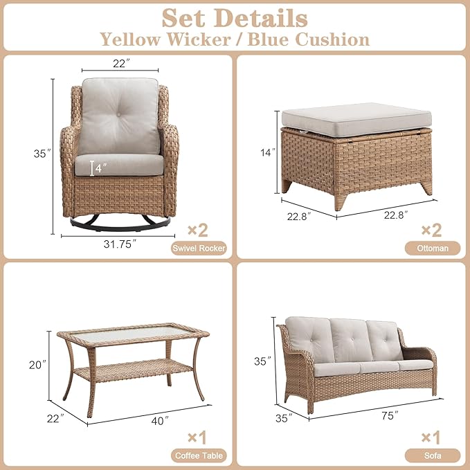 Wicker Outdoor Furniture Patio Furniture Set - 6 Piece Patio Conversation Set with Swivel Rocker Chairs, Rattan Sofa, Ottomans and Coffee Table, Beige Cushion