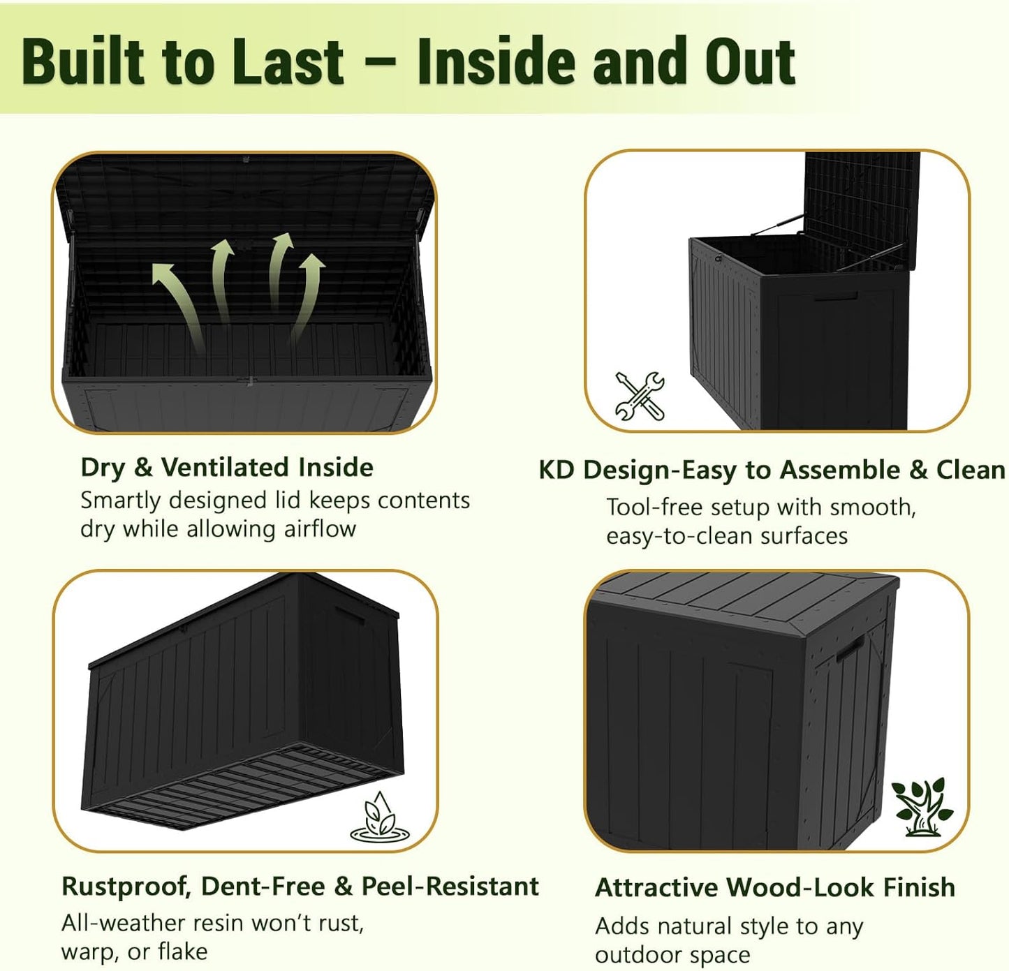 TARKARI 100 Gallon Lockable Resin Deck Box, Waterproof & UV-Resistant Outdoor Storage Box for Outdoor Cushion Storage, Garden Tools & Pool Accessories Storage, Black