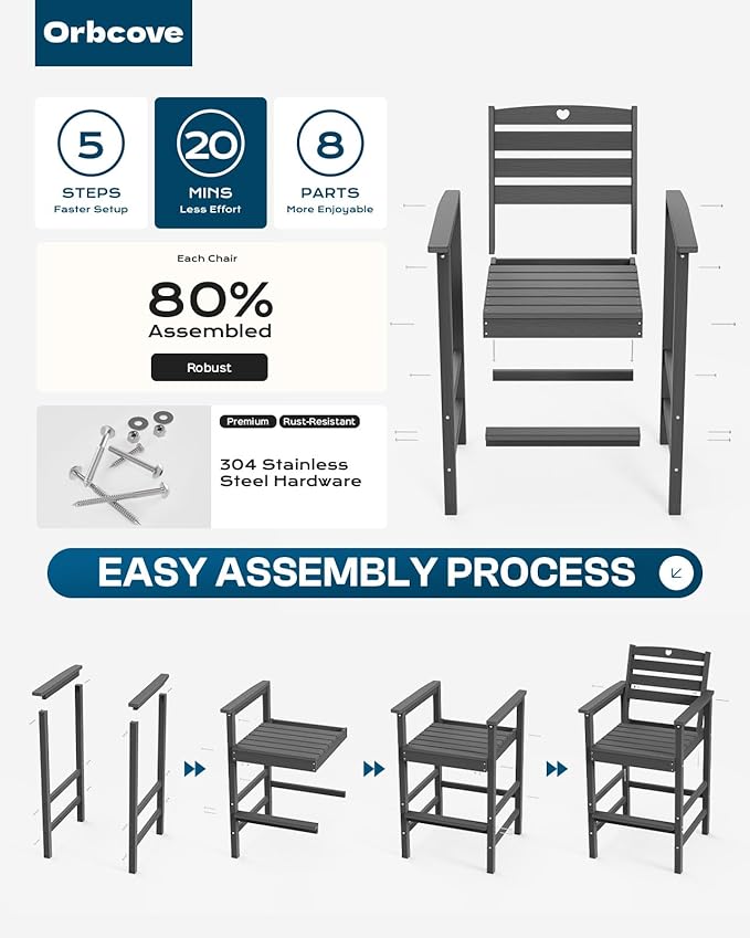 Tall Adirondack Chairs Set of 4, HDPE Wood Balcony Adirondack Chairs Set with Heart Cutout Design, Weather-Resistant Bar Height Furniture for Deck, Porch, Pool (Grey)