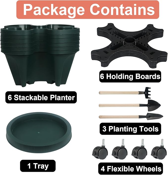 Vertical Planter 7 Tier Stackable Planters Garden Planters Strawberry Herb Flower and Vegetable Planter Indoor Outdoor Gardening Pots with Removable Wheels and Tools 2-Pack